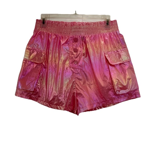 NWT C’est Toi Pink Metallic Nylon Shorts Women’s Medium High Waist Pull On - Picture 1 of 7